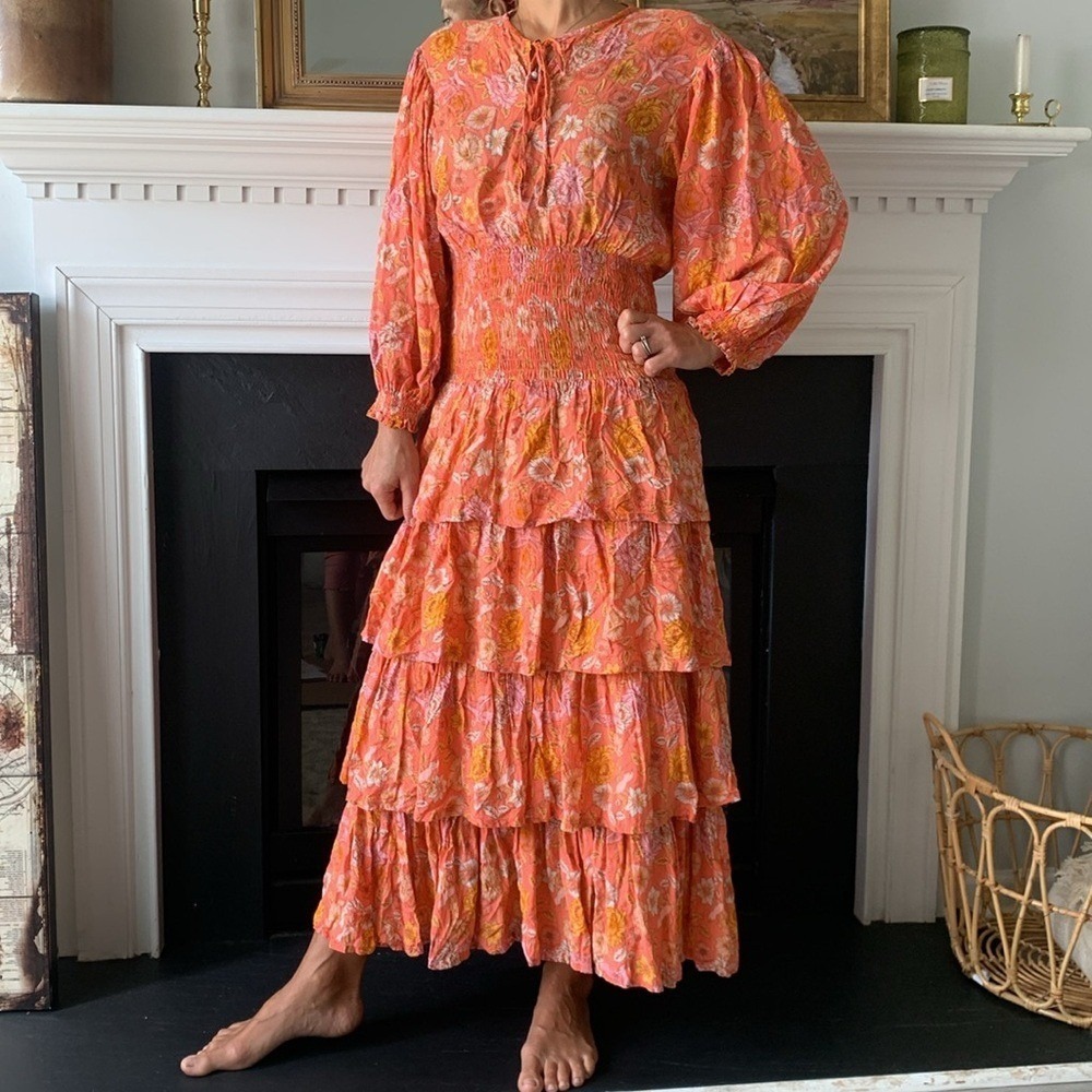 ELF Wrap Dress‎ made by hand Size L birds Floral print ruffle smocked waist tie
